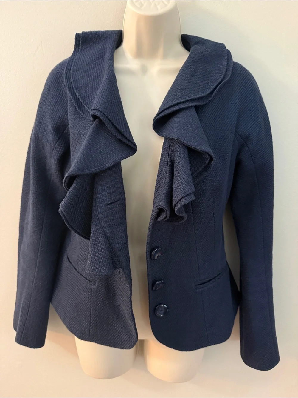 Magaschoni Navy Ruffle-Front Blazer